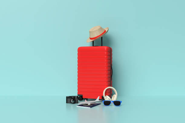 istock Suitcase with traveler accessories, essential vacation items minimal style on pastel background. Adventure and travel summer holiday traveling concept design banner with copy space. 3D rendering 1417206659