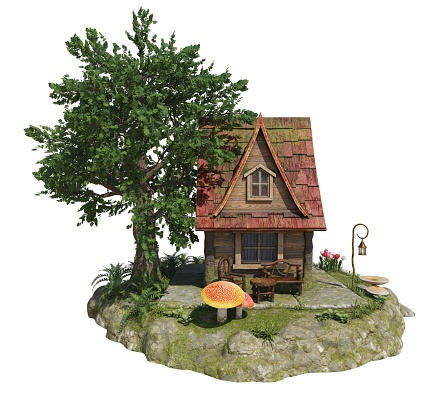 3D illustration forest fairy house isolated white background