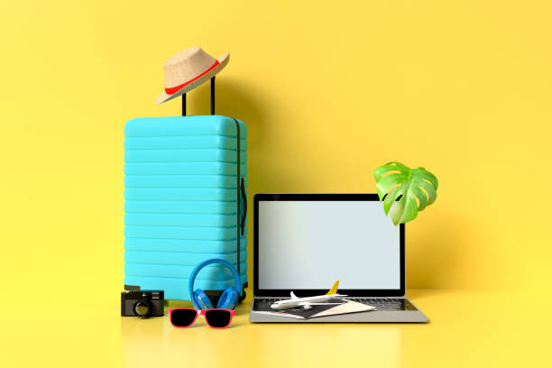 istock Suitcase with traveler accessories, essential vacation items minimal style on pastel background. Adventure and travel summer holiday traveling concept design banner with copy space. 3D rendering 1417211823