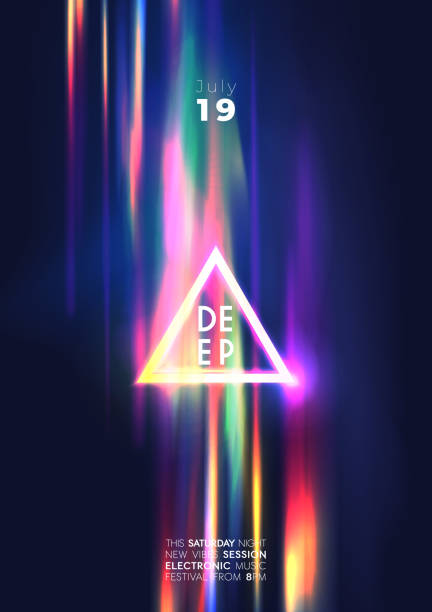 яркий неоновый треугольный постер вечеринки со свечением и призмой - refraction of light stock illustrations