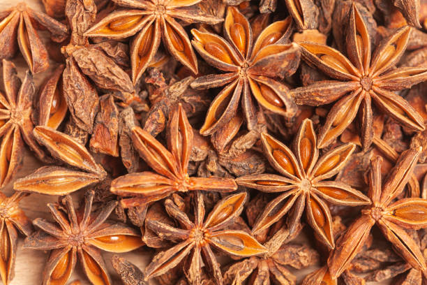 A group of star anises isolated on white background. Dried star anise spice fruits top view. A group of star anises isolated on white background. Dried star anise spice fruits top view star anise stock pictures, royalty-free photos & images