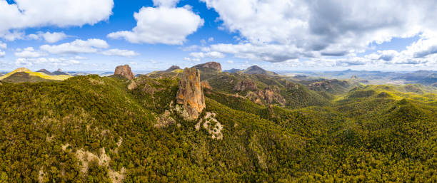 An aerial panorama in the Warrumbungle National Park, NSW, Australia.