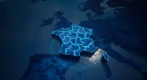 Abstract  geometric futuristic concept 3d Map of France with borders as scribble,  blue neon style. 3d rendering