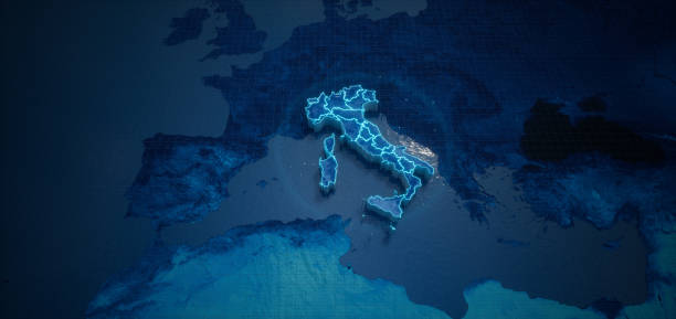 istock Abstract  geometric futuristic concept 3d Map of Italy with borders as scribble,  blue neon style. 3d rendering 1417217601