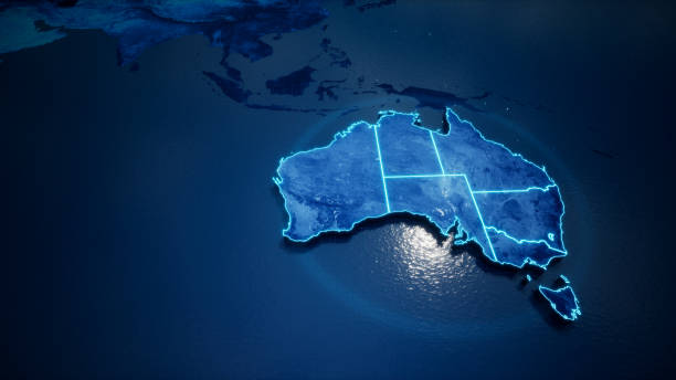 concepto abstracto geométrico futurista 3d mapa de australia con bordes como garabato, estilo neón azul. renderizado 3d - australia map fotografías e imágenes de stock