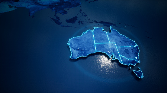 Abstract  geometric futuristic concept 3d Map of Australia with borders as scribble,  blue neon style. 3d rendering