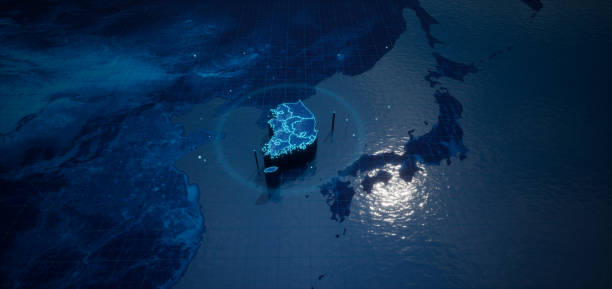 istock Abstract  geometric futuristic concept 3d Map of South Korea with borders as scribble,  blue neon style. 3d rendering 1417217617
