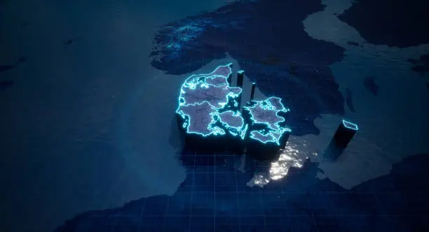 Abstract  geometric futuristic concept 3d Map of Denmark with borders as scribble,  blue neon style. 3d rendering