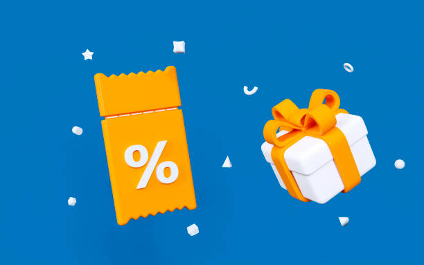 istock 3d flying box gift and coupon voucher with figures  abstract geometry shape. Yellow, white and blue colors. Promotion for your ads with present box and voucher. 3d rendering  illustration. 1417219092