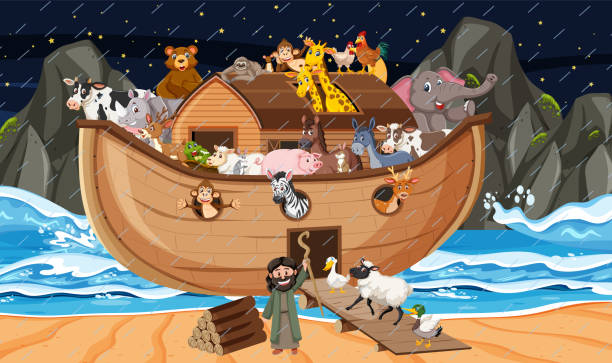 illustrazioni stock, clip art, cartoni animati e icone di tendenza di scena dell'oceano con l'arca di noè con animali - ark cartoon noah animal