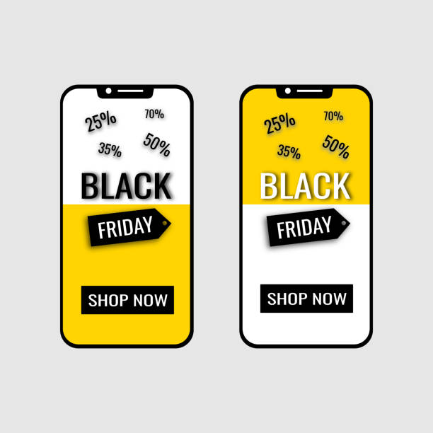 Logo with text Black Friday in phone Logo with text Black Friday in phone мобильный телефон stock illustrations