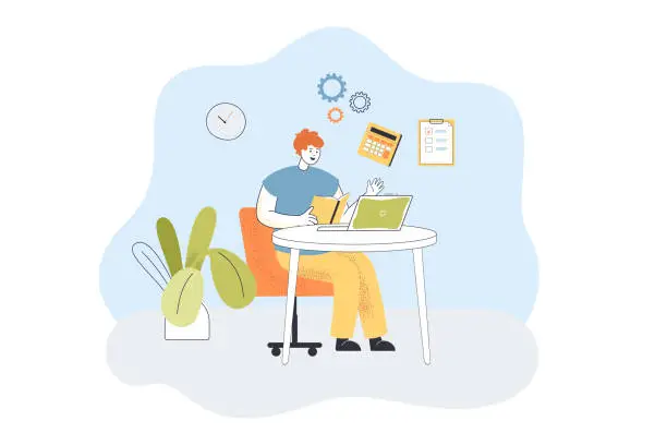 Vector illustration of Employee sitting at laptop and reading user manual