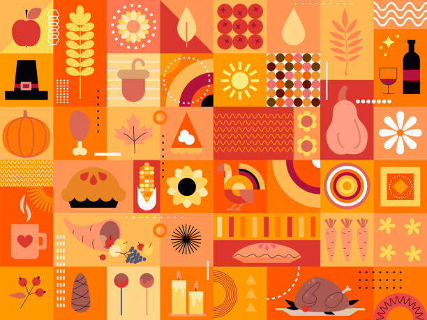 感謝祭の背景。秋のシンボルが描かれたオレンジ色のデザイン。食べ物と飲み物。秋のパーティー。秋のサイン、シンボル、アイコン。バナー、ポスター、バーメニューの感謝祭の休日のデ� - thanksgiving autumn pumpkin food点のイラスト素材／クリップアート素材／マンガ素材／アイコン素材