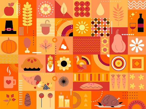 Thanksgiving background. Orange design with autumn symbols. Food and drinks. Autumn party. Fall signs, symbols, icons. Thanksgiving holiday design for banners, posters, bar menu