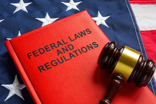 Federal laws and regulations book and a gavel on the flag.