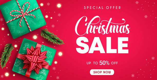 christmas sale vector design. christmas sale special offer text up to 50% off promotion discount with gift element for xmas season shopping promo ads. - holiday background stock illustrations