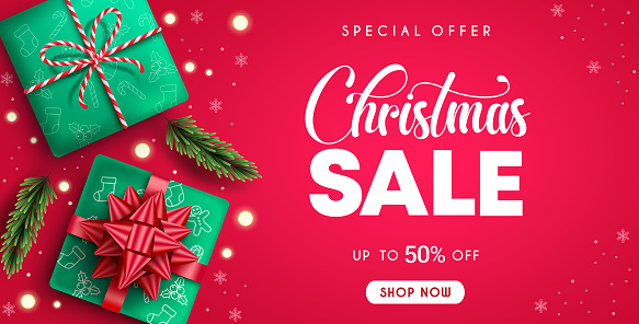 Christmas sale vector design. Christmas sale special offer text up to 50% off promotion discount with gift element for xmas season shopping promo ads. Vector illustration.