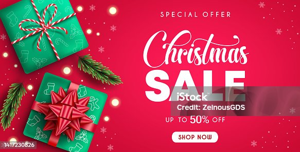 istock Christmas sale vector design. Christmas sale special offer text up to 50% off promotion discount with gift element for xmas season shopping promo ads. 1417230826
