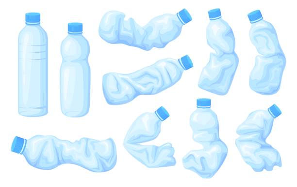 しわくちゃのボトル。非衛生的なプラスチッククラッシュボトルウォーター、使用壊れたボトルごみプラスチック廃棄海廃棄物環境汚染、きちんとしたベクターイラスト - plastic点のイラスト素材／クリップアート素材／マンガ素材／アイコン素材
