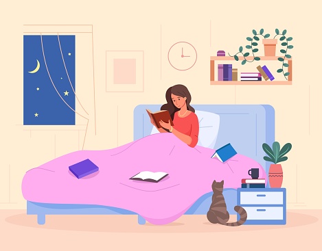 Woman reading on bed. Beautiful girl relax and reading book before sleep in home bedroom, night bedtime study or rest cosy bedding blanket with cat bedside, vector illustration of woman bedroom read