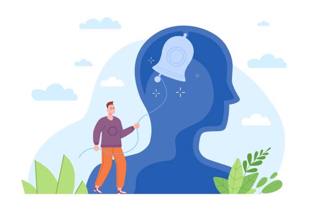 ilustrações de stock, clip art, desenhos animados e ícones de awake inner mind. aware action human self consciousness reflect thinking and belief in purpose, psychotherapy concept bell inside head vision guidance knowledge vector illustration - cloud ideas contemplation concentration