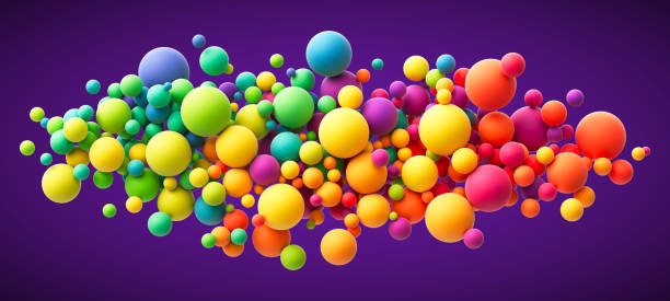 Colorful flying spheres background Abstract composition with colorful random flying spheres. Colorful rainbow matte soft balls in different sizes. Vector background sphere stock illustrations