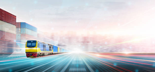 istock Rail Freight Transport and Technology Logistics Future Concept, Double Exposure Polygon Wireframe of Container Cargo Train at Container Yard, Modern Futuristic Import Export Transportation Background 1417248357