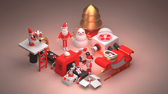 Christmas factory with cute Santa Claus and his elf helpers. 3d render Xmas illustration.