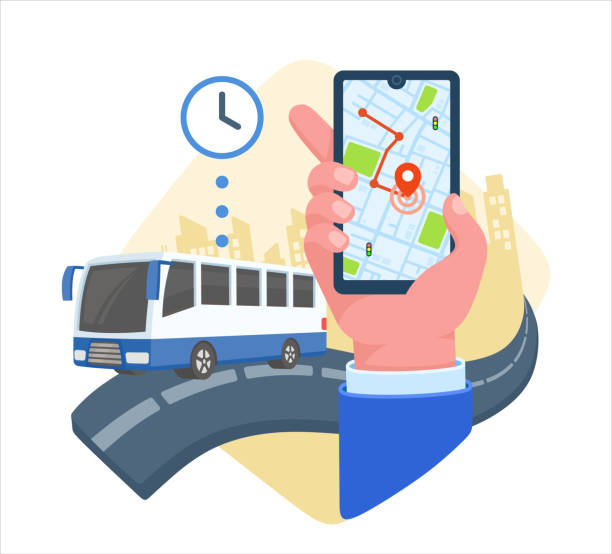 Online bus city map route service monitoring track mobile application Online bus city map route service monitoring track mobile application public service icon stock illustrations