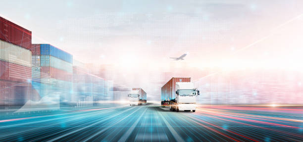 istock Technology Digital Future of Cargo Container Logistics Transport Concept, Double Exposure Polygon Wireframe of Container Freight Truck, Plane, Modern futuristic Import Export Transportation Background 1417250533