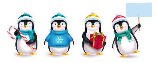 ilustraciones, imágenes clip art, dibujos animados e iconos de stock de conjunto vectorial de personajes de pingüinos de navidad. personaje de pingüino 3d con sombrero, suéter, cartel y elementos de regalo aislados en fondo blanco para el diseño de la colección de navidad. - pingüino