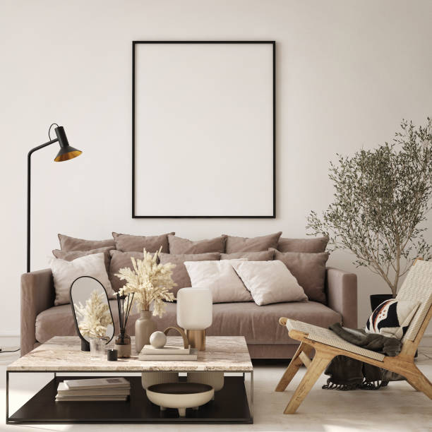 maqueta del marco del póster en fondo interior moderno, sala de estar, estilo escandinavo, renderizado 3d, ilustración 3d - 1781 fotografías e imágenes de stock