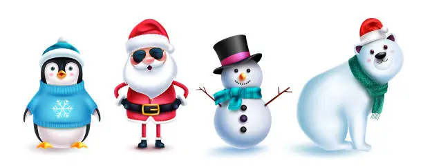 Vector illustration of Christmas character vector set design. Santa claus, penguin, polar bear and snowman characters isolated in white background for xmas holiday season collection.