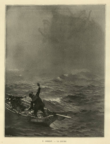 Two fishermen threatened by the Mist, supernatural horror at sea, monster Vintage illustration after the painting by Paul Jobert, La Brume, Mist sea monster stock illustrations