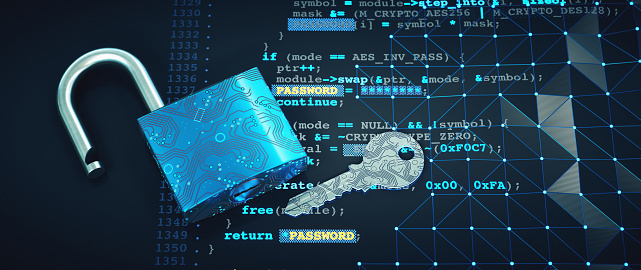 An open circuit board padlock with key, on blue computer data and programming language code surface. An abstract security system design concept.