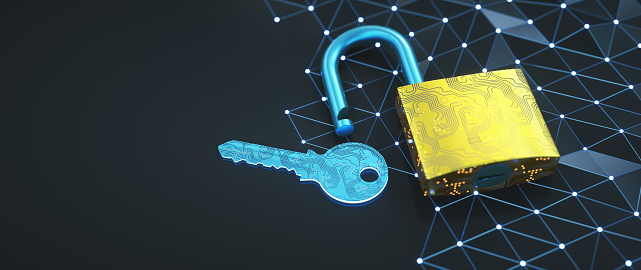 An open golden circuit board padlock with key, on a dark surface with glowing triangle mesh grid. An abstract security system design concept with copy space.