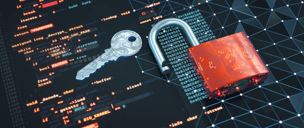 istock An abstract computer crime design concept, with an unlocked red circuit board padlock, key and computer programming language code. 1417263247