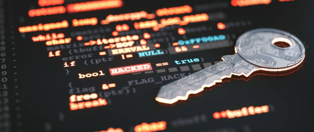 istock An abstract computer crime design concept, with a metallic circuit board key and glowing computer programming language code. Low angle, defocused surface composition. 1417263838