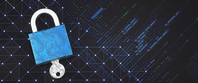 An abstract security system design concept, with a blue metallic circuit board padlock with key, on a grid pattern surface with data and programming language code.
