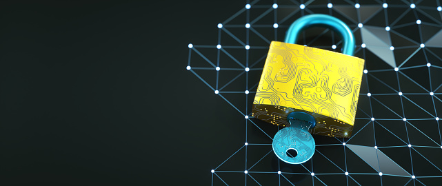 A closed golden circuit board padlock with inserted key, on a dark surface with glowing triangle mesh grid. An abstract security system design concept with copy space.