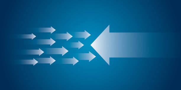 ilustrações de stock, clip art, desenhos animados e ícones de small arrow group with one big arrow on dark blue background. design for conflict of interest or confrontation. - opposition party