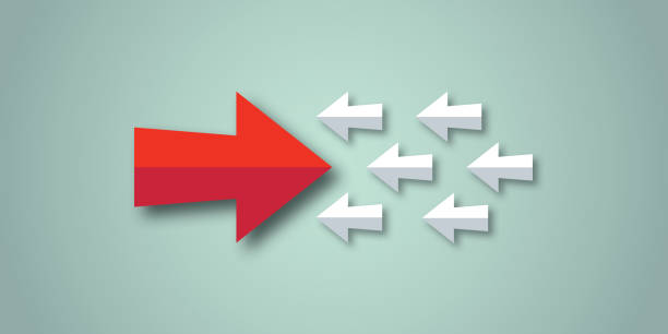 Big red arrow with small arrows on green pastel background. Design for conflict of interest or confrontation. Big red arrow with small arrows on green pastel background. Design for conflict of interest or confrontation, opposition, change concept. shadow overlay. copy space. illustration paper cut style. conflict stock illustrations