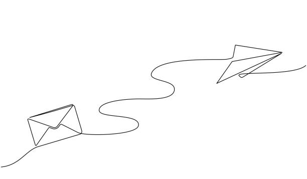 Continuous line drawing of paper airplane with envelope. New message concept. Letter sent by email. Online social media marketing. Single line art of paper airplane with envelope in doodle style. Continuous line drawing of paper airplane with envelope. New message concept. Letter sent by email. Online social media marketing. Single line art of paper airplane with envelope in doodle style. email subscription stock illustrations