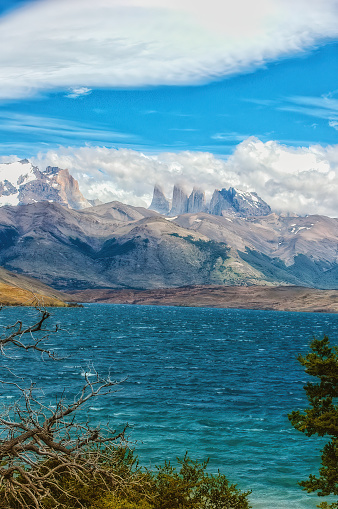The Torres del Paine National Park view. Torres del Paine is a national park encompassing mountains, glaciers, lakes, and rivers in southern Patagonia, Chile.