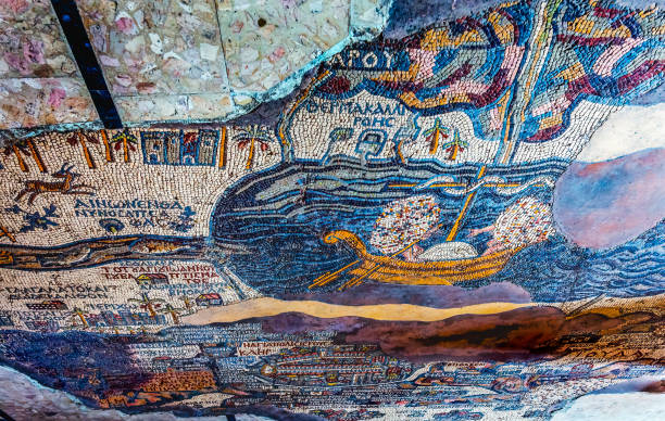 Ancient Map Mosaic of Dead Sea and Jordan River Floor Saint George Church Madaba Jordan stock photo