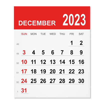 December 2023 calendar isolated on a white background. Need another version, another month, another year... Check my portfolio. Vector Illustration (EPS file, well layered and grouped). Easy to edit, manipulate, resize or colorize. Vector and Jpeg file of different sizes.