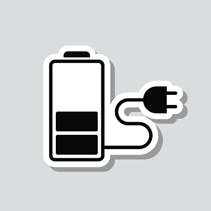 istock Battery charging. Icon sticker on gray background 1417267903