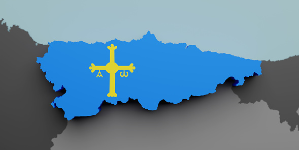 3d rendering of an Asturias Spanish Community flag and map