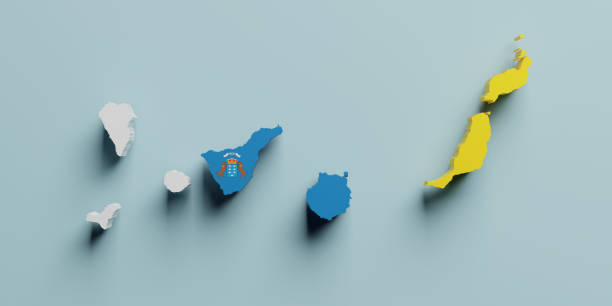 3d rendering of a Canary islands Spanish Community flag and map