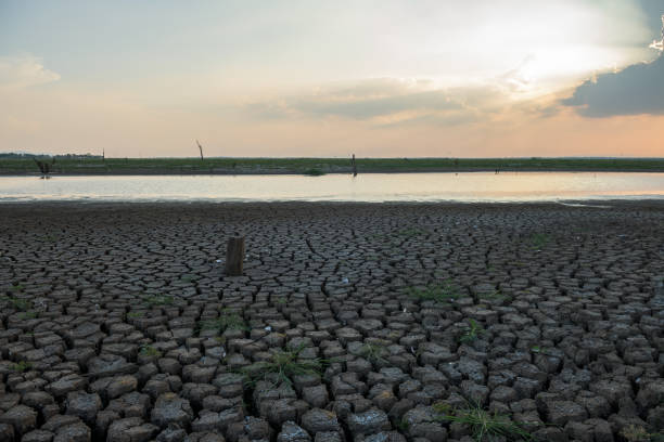 istock Landscape of soil drought cracked with sunset. 1417276144